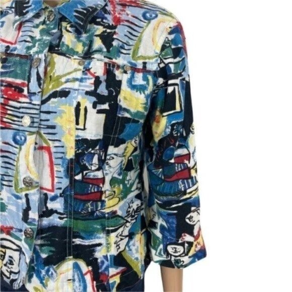 Kaktus Blazer Colorful Artwork Print Linen blend 3/4 sleeve collared size medium - Picture 4 of 12